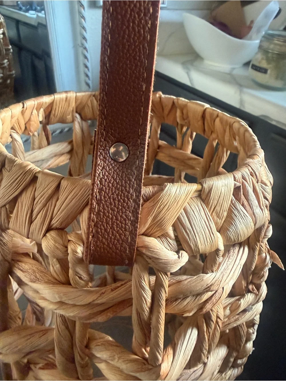 Pottery barn wicker rattan leather strap lantern hanging 15” Woven Straw Basket